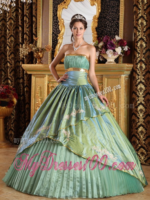 Olive Green Long Strapless Pleated Taffeta and Organza Quinceanera Dress