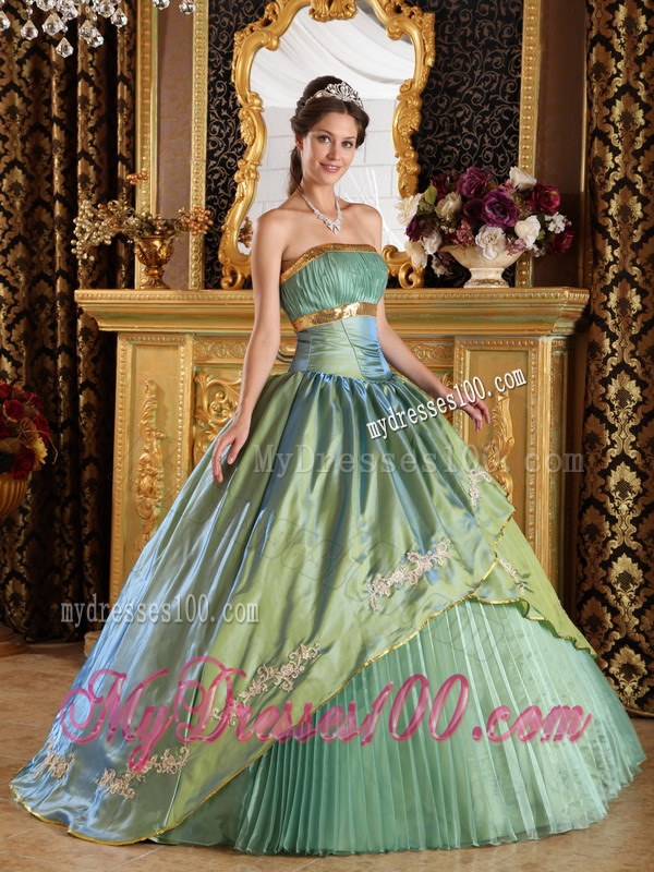 Olive Green Long Strapless Pleated Taffeta and Organza Quinceanera Dress