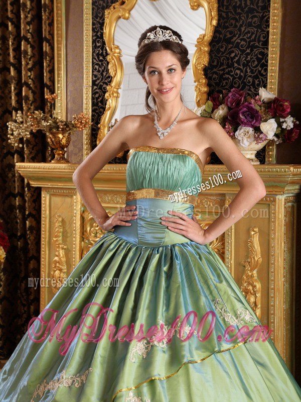Olive Green Long Strapless Pleated Taffeta and Organza Quinceanera Dress