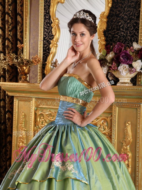 Olive Green Long Strapless Pleated Taffeta and Organza Quinceanera Dress
