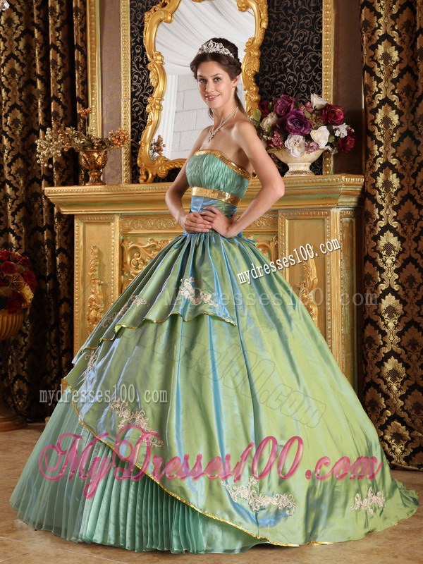 Olive Green Long Strapless Pleated Taffeta and Organza Quinceanera Dress
