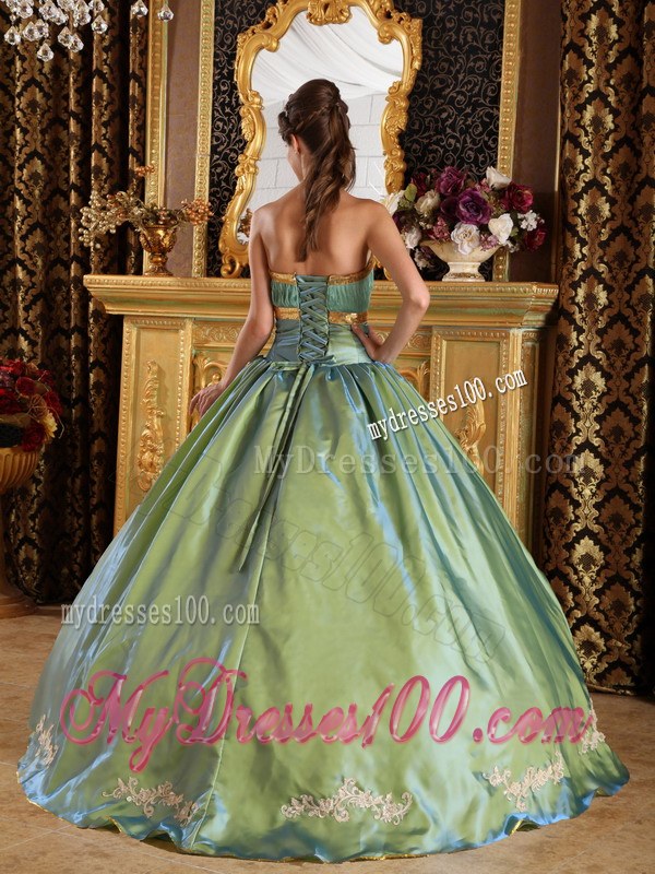 Olive Green Long Strapless Pleated Taffeta and Organza Quinceanera Dress