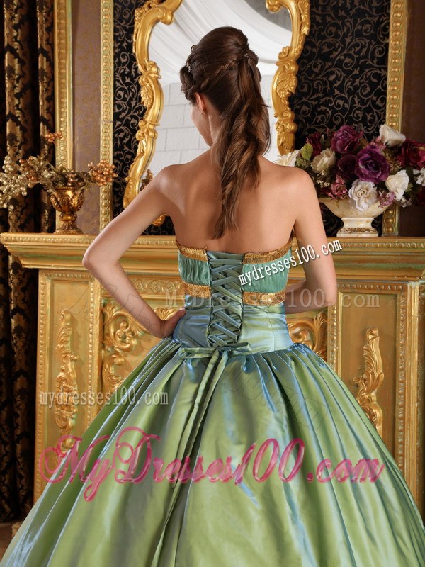 Olive Green Long Strapless Pleated Taffeta and Organza Quinceanera Dress