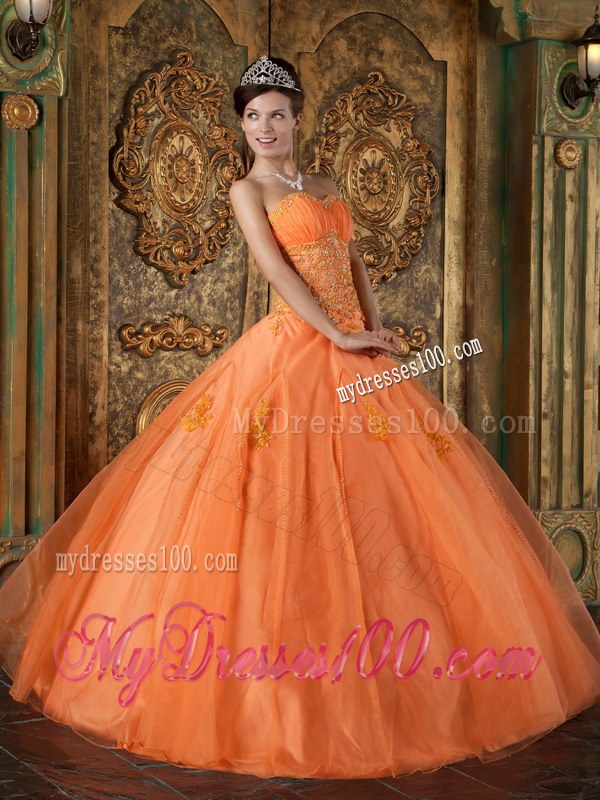 Floor-length Orange Sweetheart Appliques and beading Dress for Sweet 16