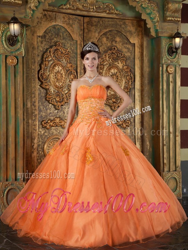 Floor-length Orange Sweetheart Appliques and beading Dress for Sweet 16