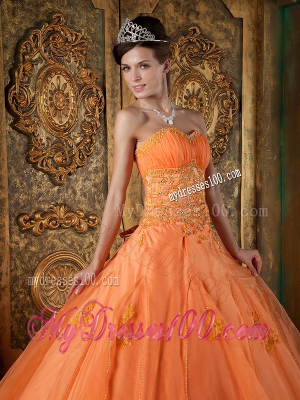 Floor-length Orange Sweetheart Appliques and beading Dress for Sweet 16