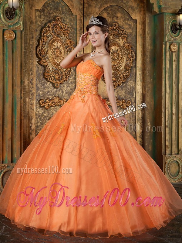 Floor-length Orange Sweetheart Appliques and beading Dress for Sweet 16