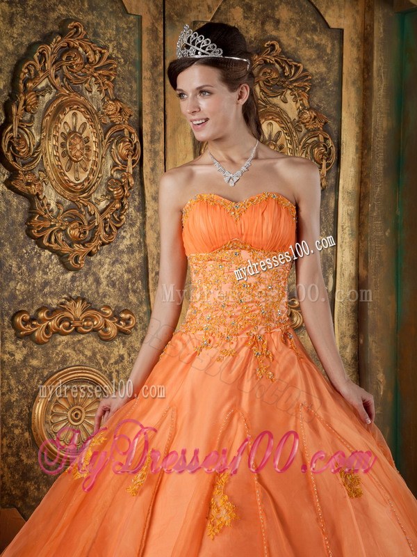 Floor-length Orange Sweetheart Appliques and beading Dress for Sweet 16