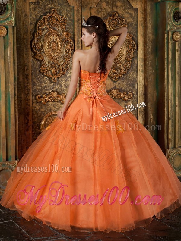 Floor-length Orange Sweetheart Appliques and beading Dress for Sweet 16