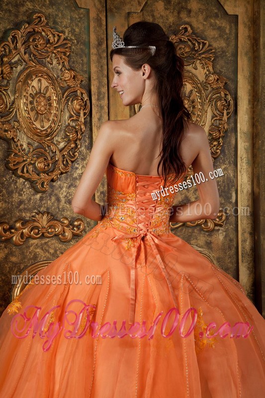 Floor-length Orange Sweetheart Appliques and beading Dress for Sweet 16
