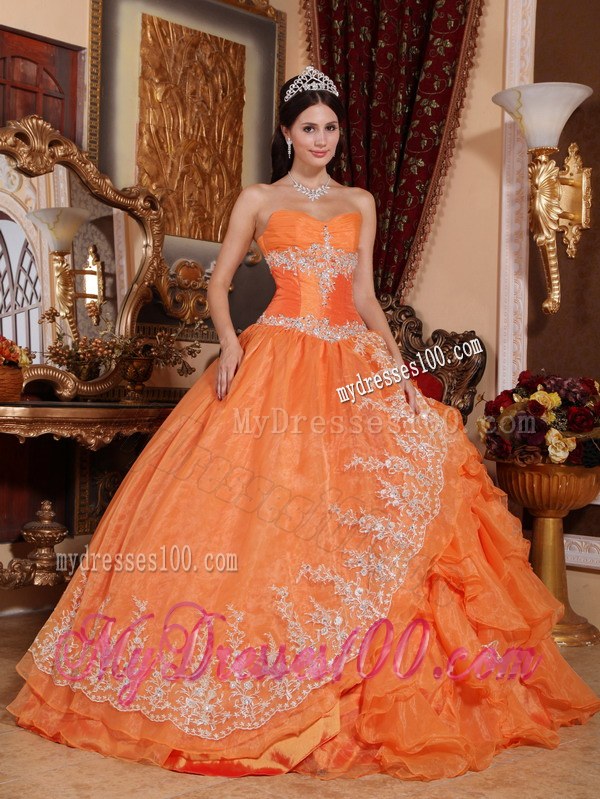 Sweetheart Orange Red Organza Beading Quinceanera Dress with Pick-ups