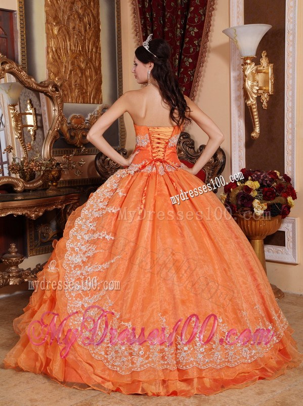 Sweetheart Orange Red Organza Beading Quinceanera Dress with Pick-ups
