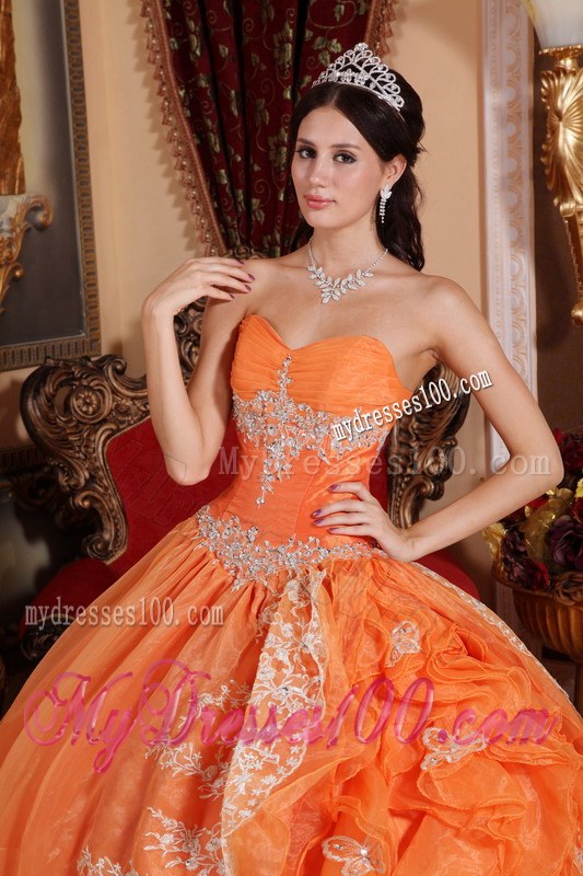 Sweetheart Orange Red Organza Beading Quinceanera Dress with Pick-ups