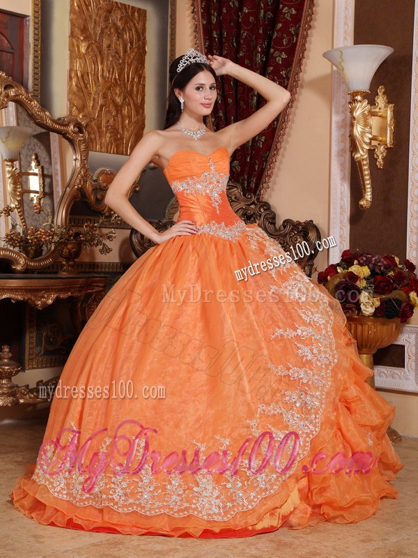 Sweetheart Orange Red Organza Beading Quinceanera Dress with Pick-ups