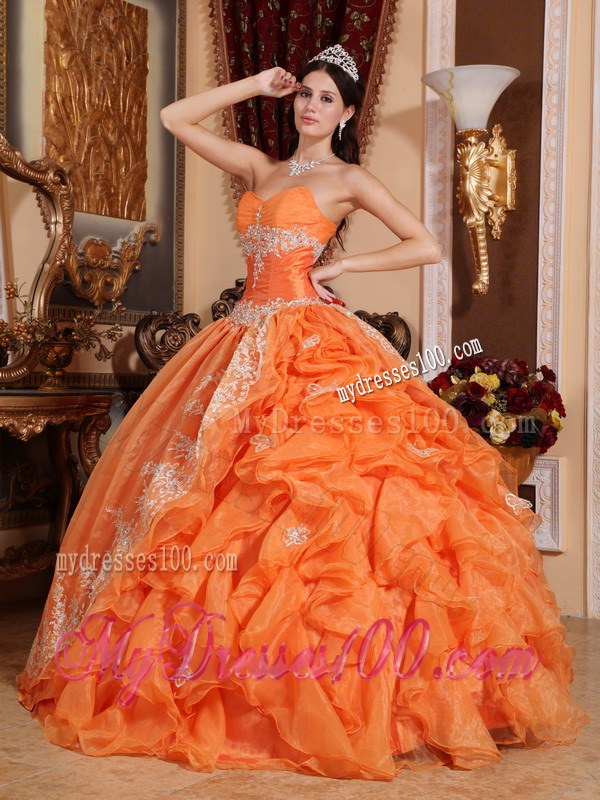 Sweetheart Orange Red Organza Beading Quinceanera Dress with Pick-ups