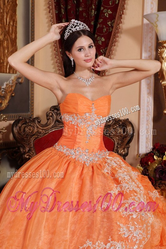 Sweetheart Orange Red Organza Beading Quinceanera Dress with Pick-ups