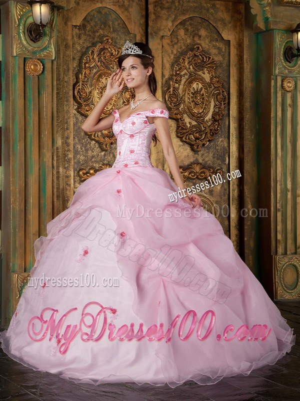 Wholesale Price Off The Shoulder Pink Appliques Organza Quinceanera Dress