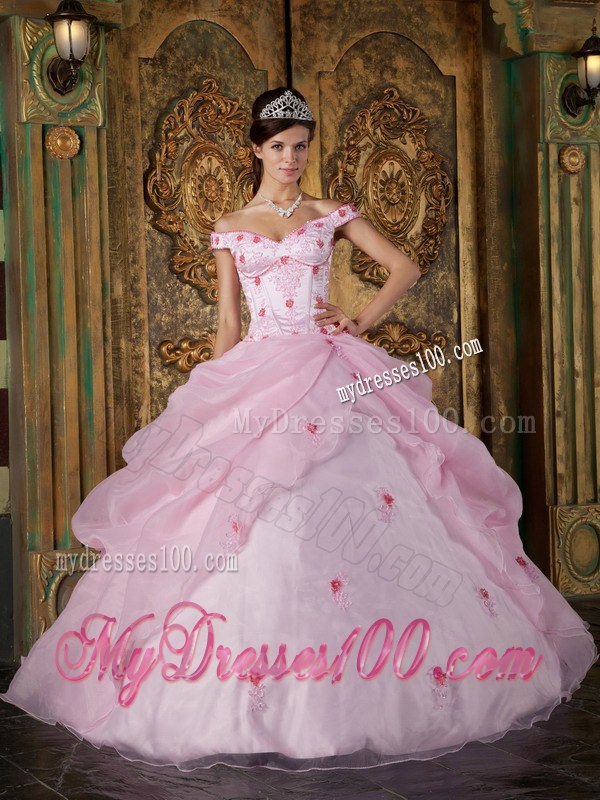 Wholesale Price Off The Shoulder Pink Appliques Organza Quinceanera Dress