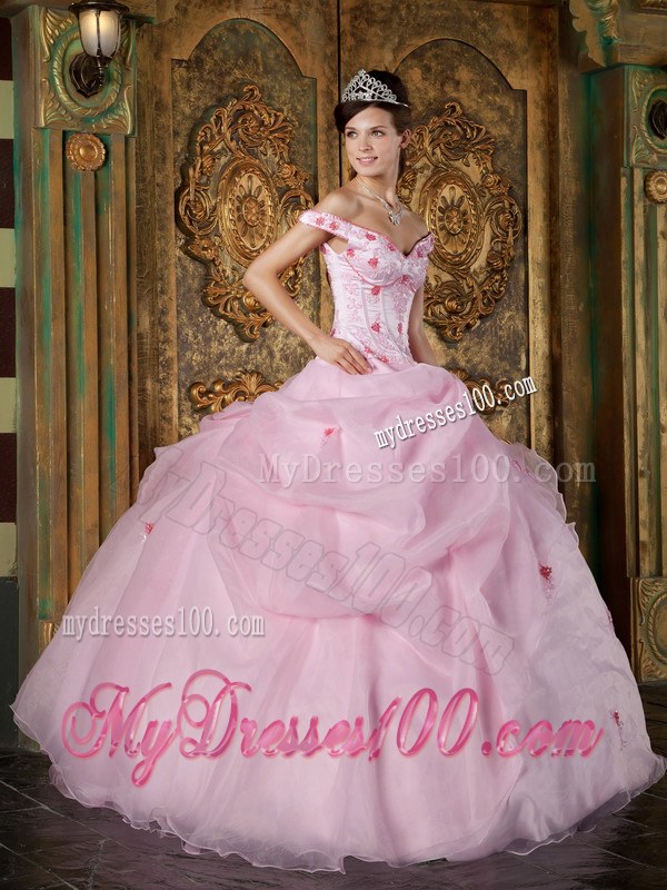 Wholesale Price Off The Shoulder Pink Appliques Organza Quinceanera Dress