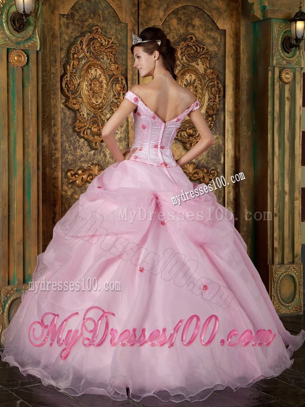 Wholesale Price Off The Shoulder Pink Appliques Organza Quinceanera Dress