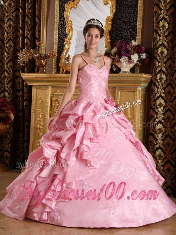 Pink Spaghetti Straps Taffeta Beading and Appliques Quinceanera Dress