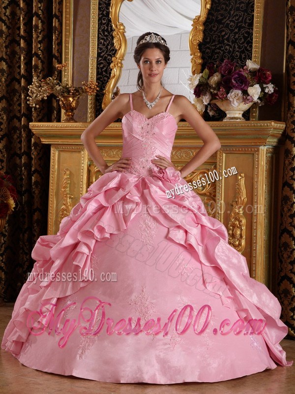 Pink Spaghetti Straps Taffeta Beading and Appliques Quinceanera Dress