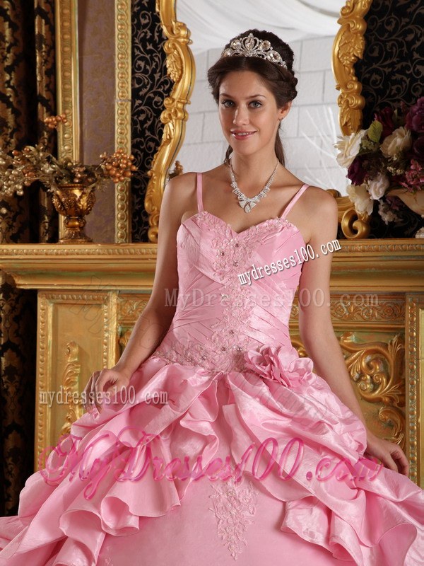 Pink Spaghetti Straps Taffeta Beading and Appliques Quinceanera Dress