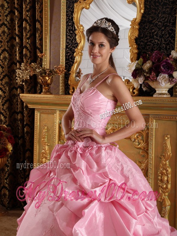 Pink Spaghetti Straps Taffeta Beading and Appliques Quinceanera Dress