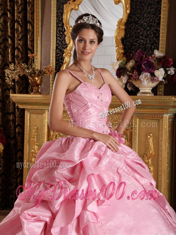 Pink Spaghetti Straps Taffeta Beading and Appliques Quinceanera Dress