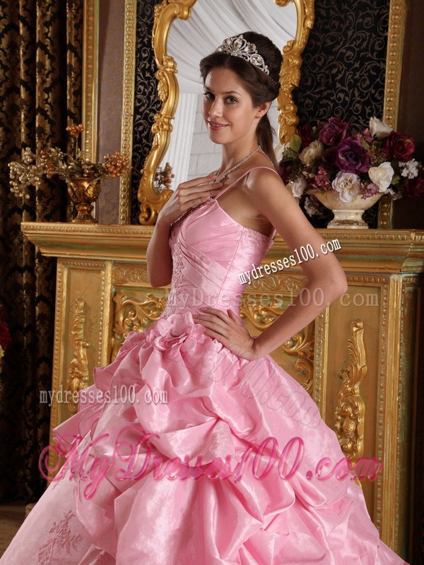 Pink Spaghetti Straps Taffeta Beading and Appliques Quinceanera Dress