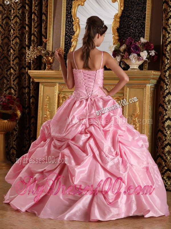 Pink Spaghetti Straps Taffeta Beading and Appliques Quinceanera Dress