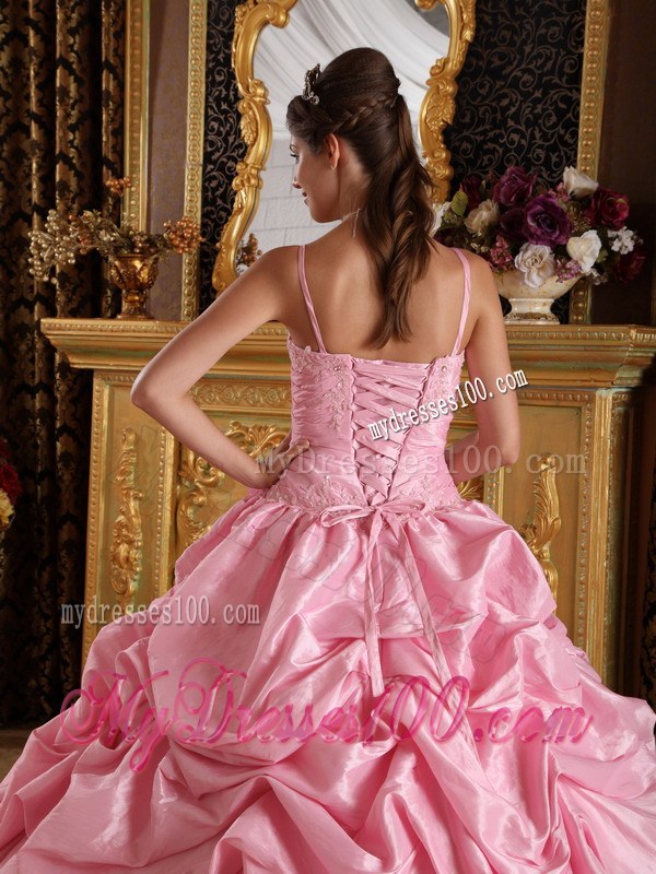 Pink Spaghetti Straps Taffeta Beading and Appliques Quinceanera Dress