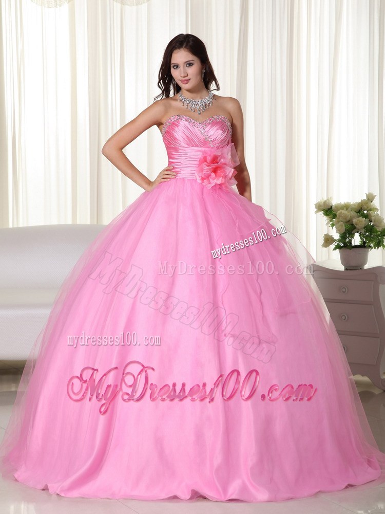 Beaded Sweetheart Flower Quinceanera Dresses in Rose Pink