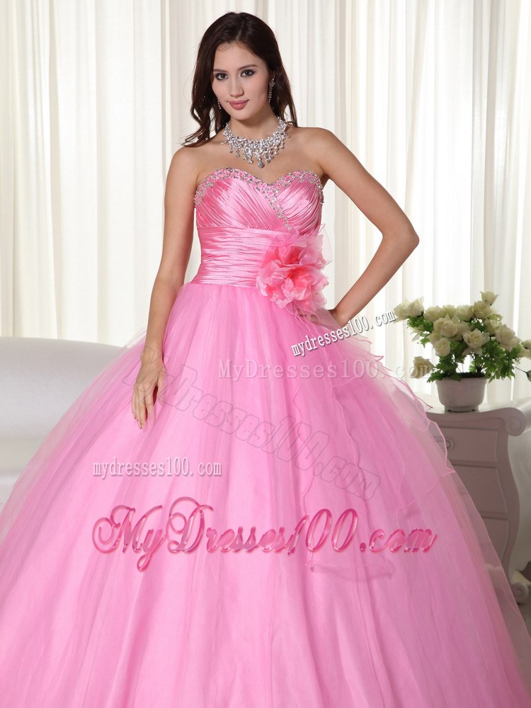 Beaded Sweetheart Flower Quinceanera Dresses in Rose Pink