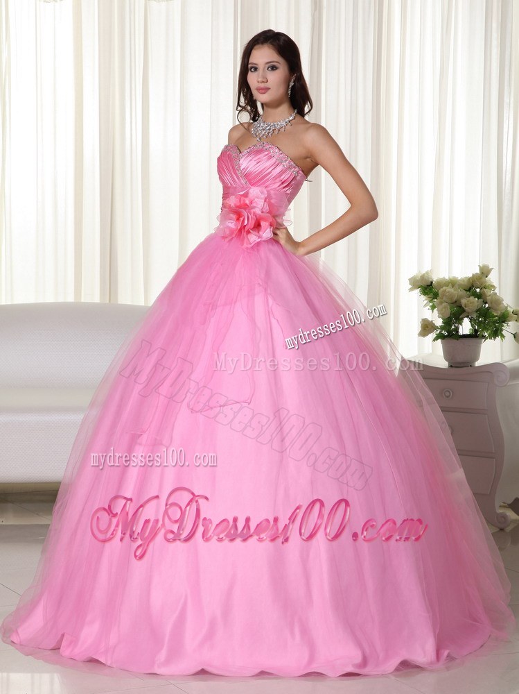 Beaded Sweetheart Flower Quinceanera Dresses in Rose Pink
