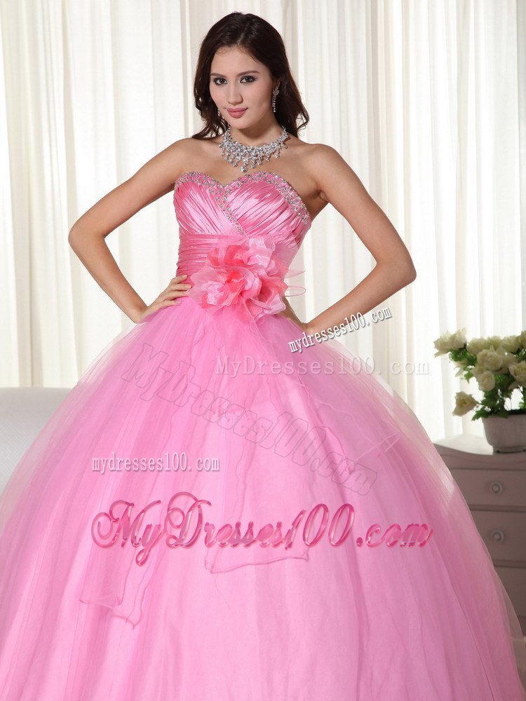 Beaded Sweetheart Flower Quinceanera Dresses in Rose Pink