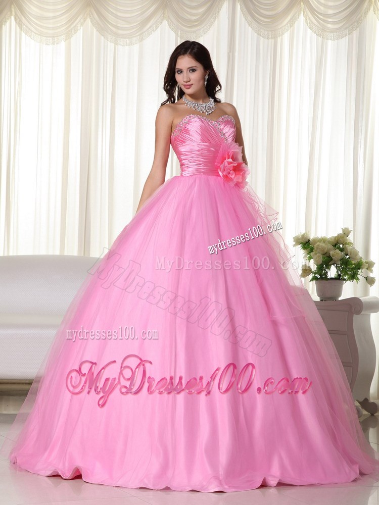 Beaded Sweetheart Flower Quinceanera Dresses in Rose Pink