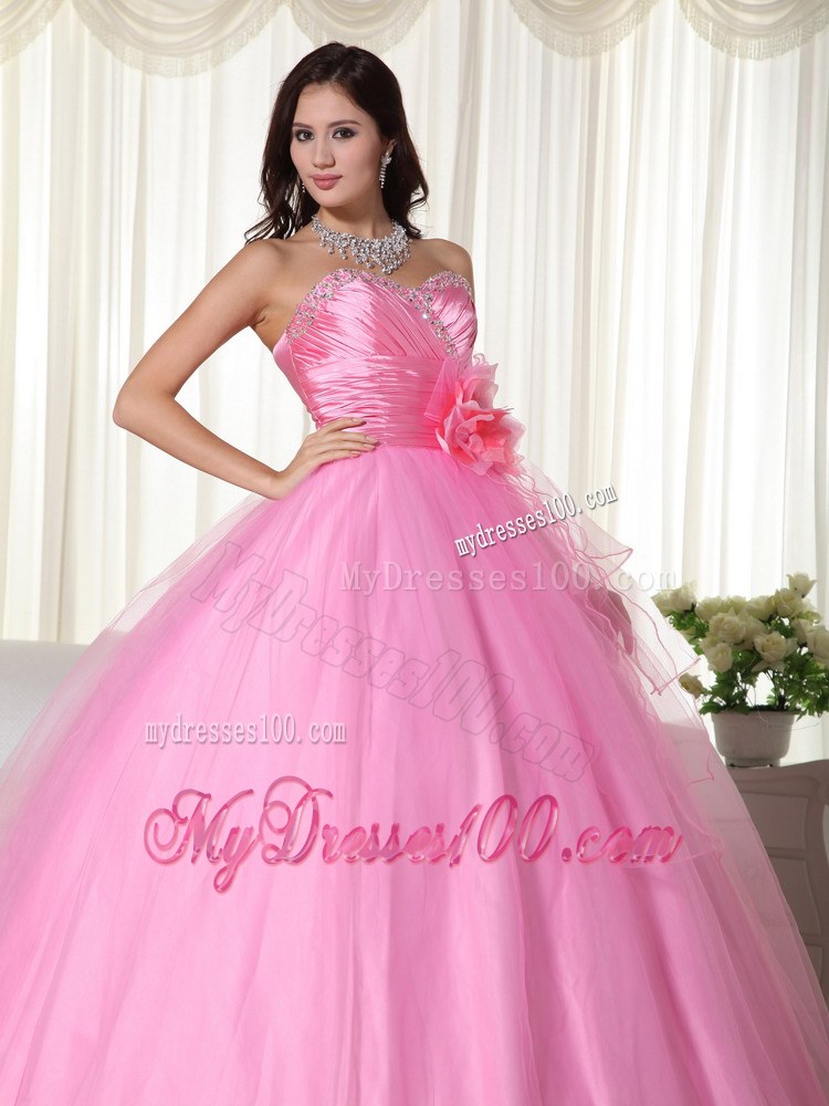 Beaded Sweetheart Flower Quinceanera Dresses in Rose Pink