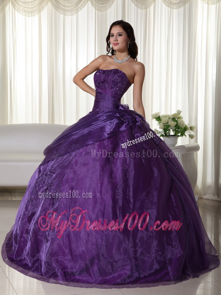 Affordable Eggplant Purple Strapless Ruched Quinceanera Gown
