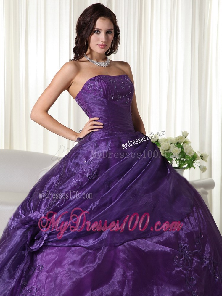 Affordable Eggplant Purple Strapless Ruched Quinceanera Gown