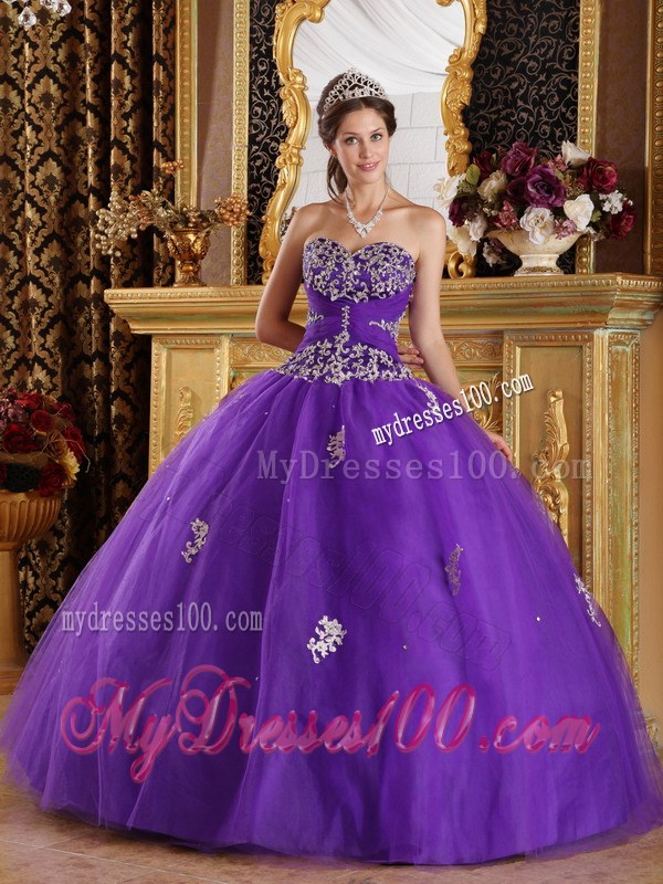 Twinkling Purple Tulle Sweetheart Appliques Quinceanera Dress