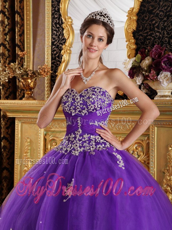 Twinkling Purple Tulle Sweetheart Appliques Quinceanera Dress