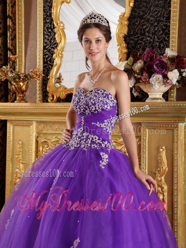 Twinkling Purple Tulle Sweetheart Appliques Quinceanera Dress
