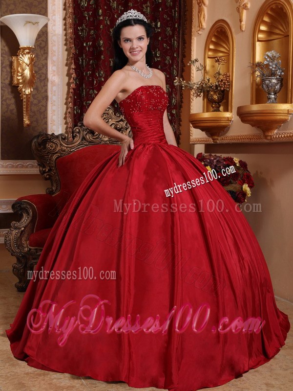 Simple Long Burgundy Strapless Beading Sweet Sixteen Quinceanera Dresses
