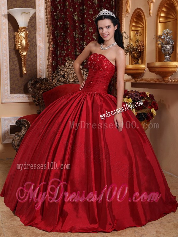 Simple Long Burgundy Strapless Beading Sweet Sixteen Quinceanera Dresses