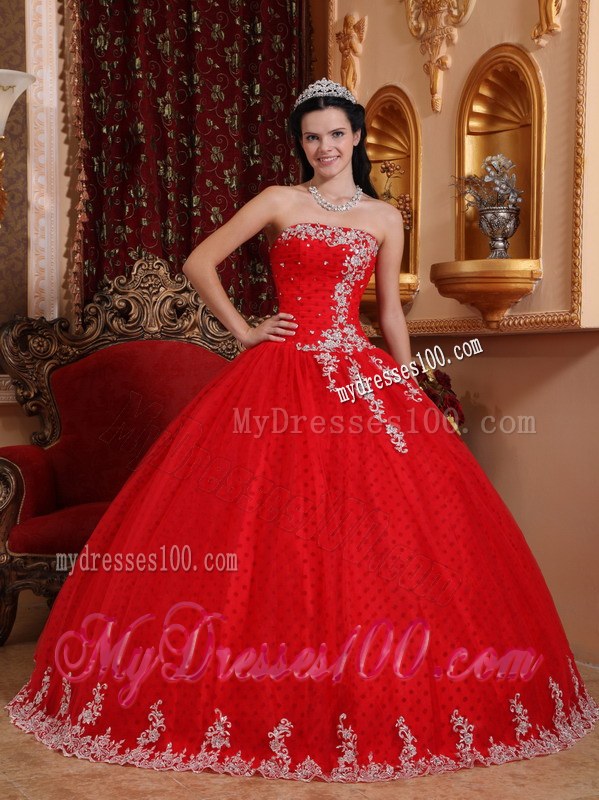 Popular Red Sweet 15 Dresses Floor-length with Appliqued Hemline