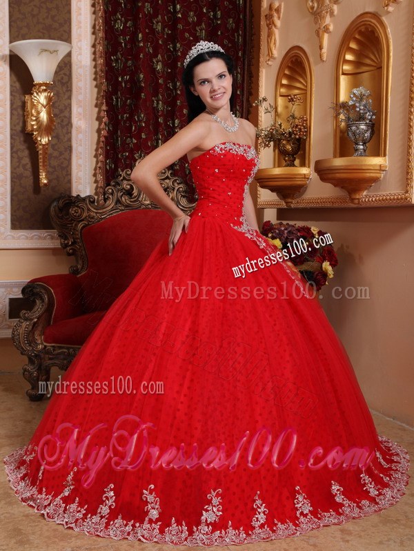 Popular Red Sweet 15 Dresses Floor-length with Appliqued Hemline