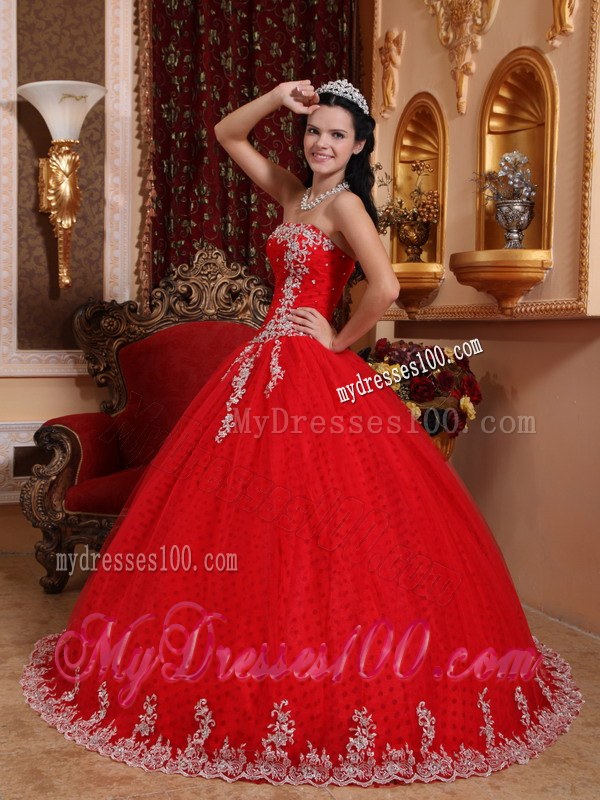 Popular Red Sweet 15 Dresses Floor-length with Appliqued Hemline