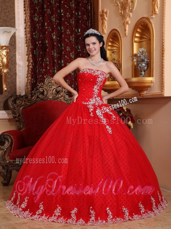 Popular Red Sweet 15 Dresses Floor-length with Appliqued Hemline