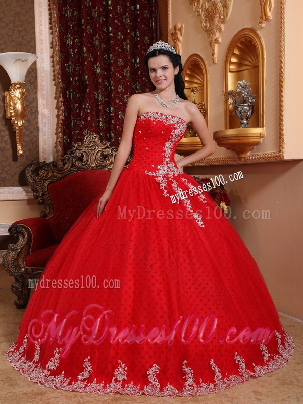 Popular Red Sweet 15 Dresses Floor-length with Appliqued Hemline